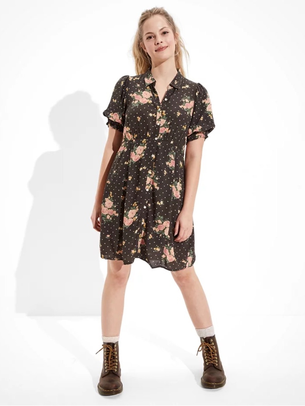 American Eagle Outfitters Black Floral Midi Dress with Pink Roses